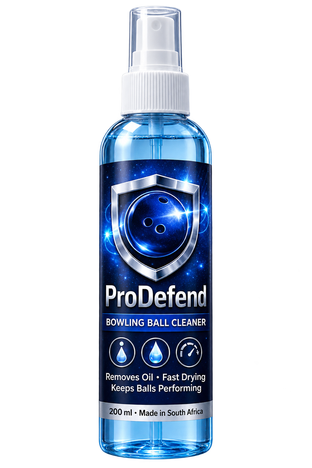 ProDefend bowling ball cleaner with its blue-tinted liquid and original label on a 200 ml spray bottle
